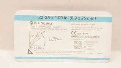 BD 383512 Nexiva Clodsed IV Cath. System - Single Port 22GA x 1.00inch 33Ll/min